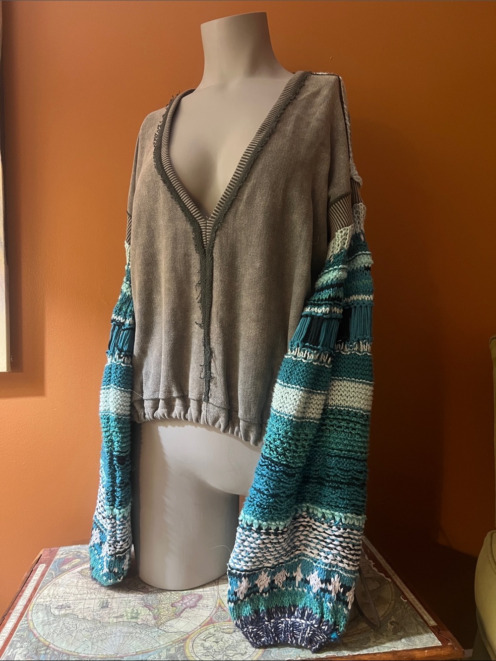 Free People Gray V-Neck Sweater with Teal & Aqua crochet Sleeves